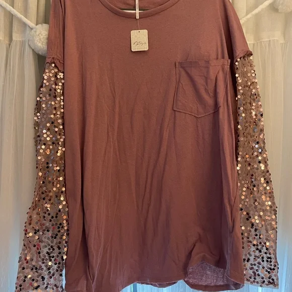 Free People Celine Tee Shirt. Top. Rose Gold. Long Sleeve. XL. NWT. Sequins. - Picture 7 of 9